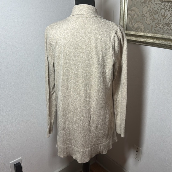 LOFT tan open front long cardigan sweater ribbed hem, collar and front sz M - Picture 3 of 6